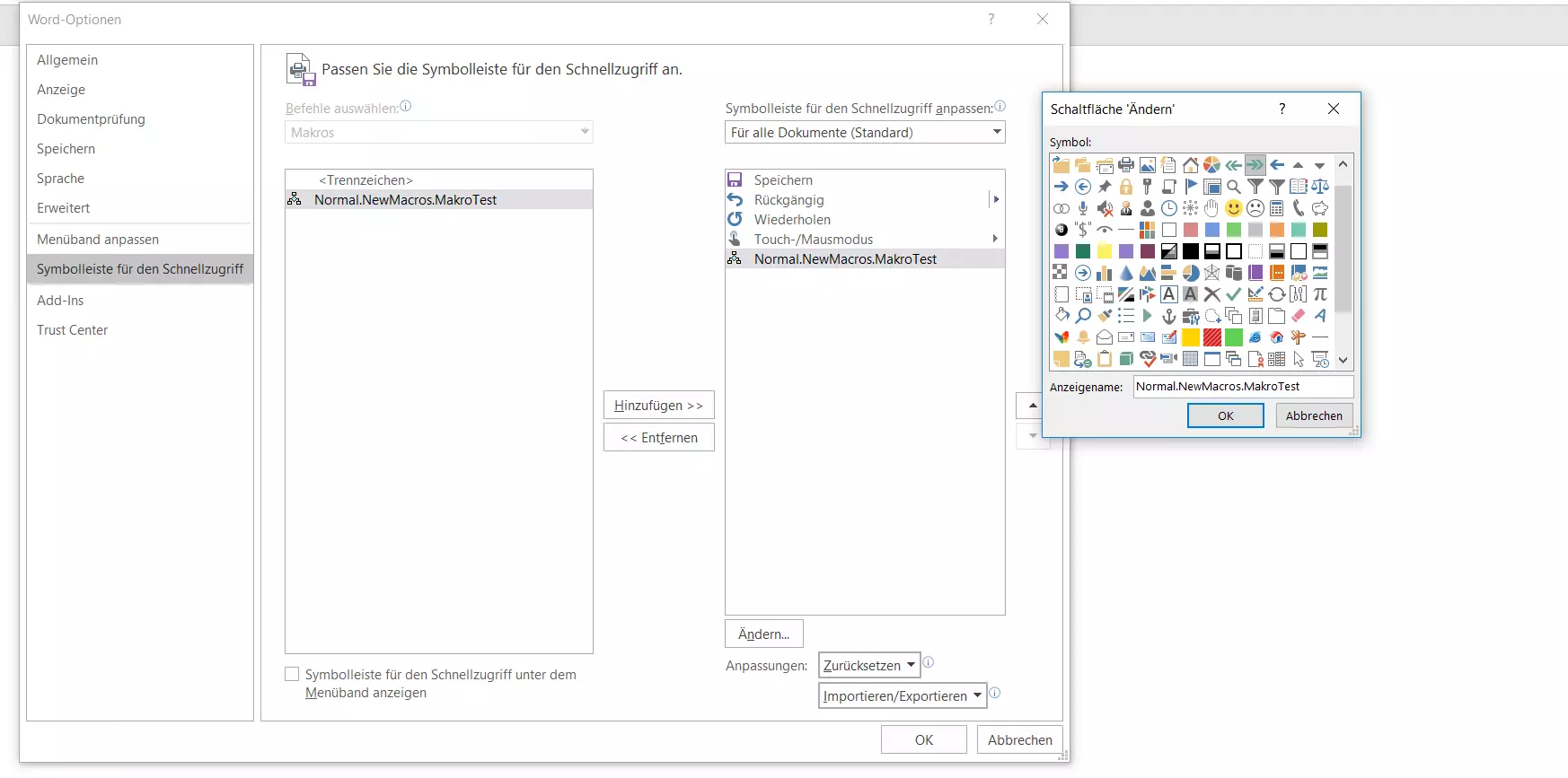 Anpassung der Schnellzugriff-Symbolleiste in Word 2016