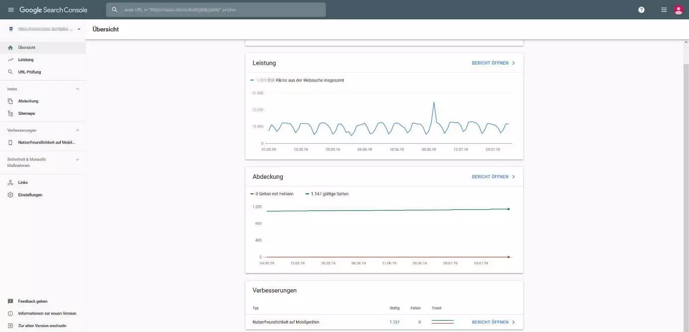 Dashboard der Search Console von Google