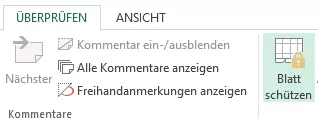 Abbildung des Menüs „Überprüfen“ > „Blatt schützen“ 