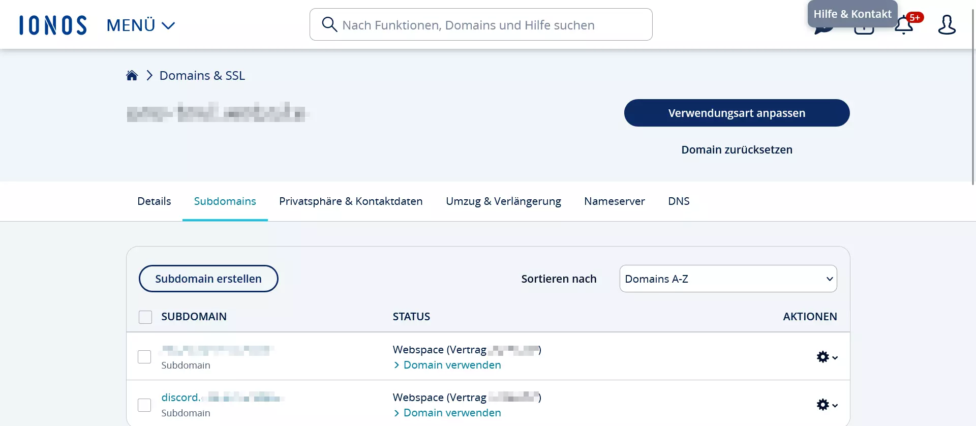 IONOS Kundenkonto Domain-Verwaltung