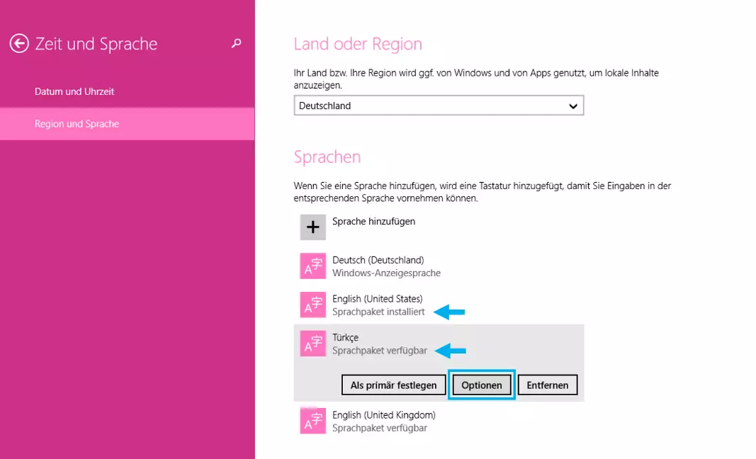 Sprachpakete hinzufügen in Windows 8