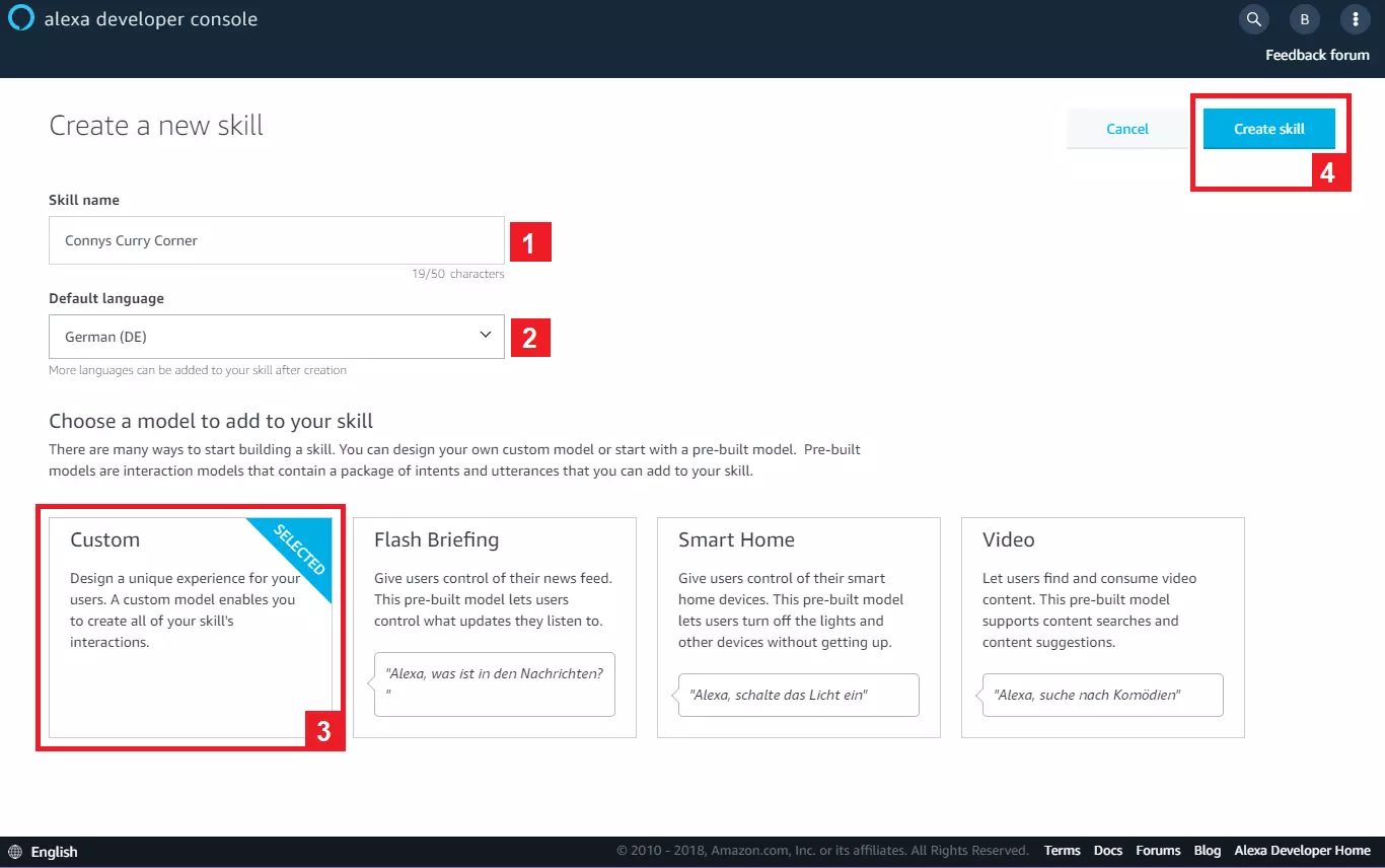 Alexa-Developer-Konsole: Konfigurationsdialog für die Erstellung eines neuen Alexa-Skills