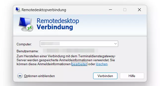 Startmenü der Remotedesktopverbindung