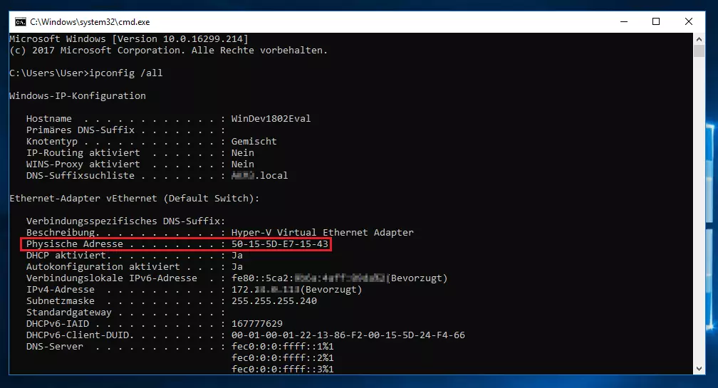 Beispiel einer Terminal-Ausgabe nach dem Befehl „ipconfig /all“
