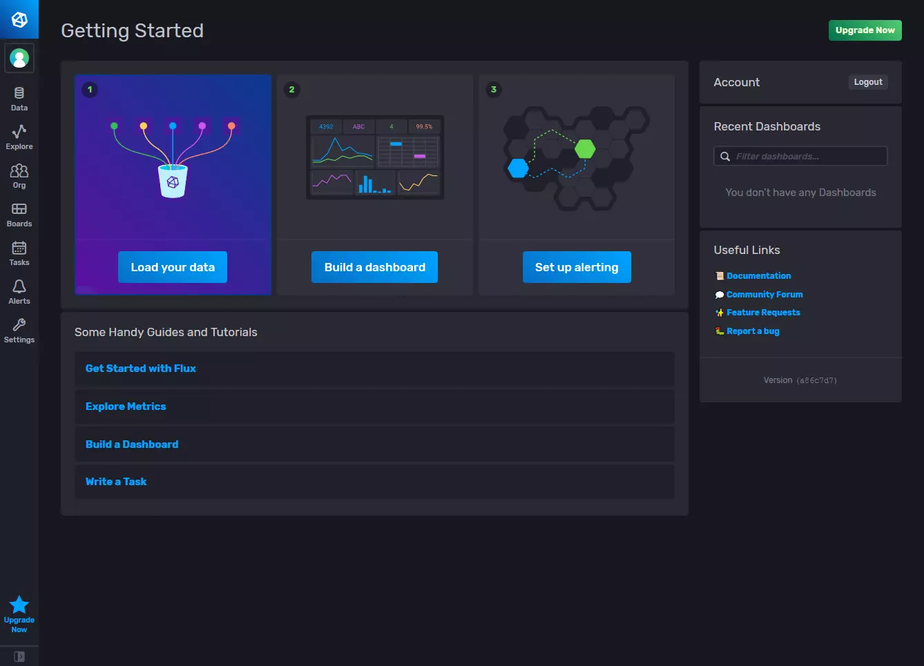 Startbildschirm der InfluxDB Cloud