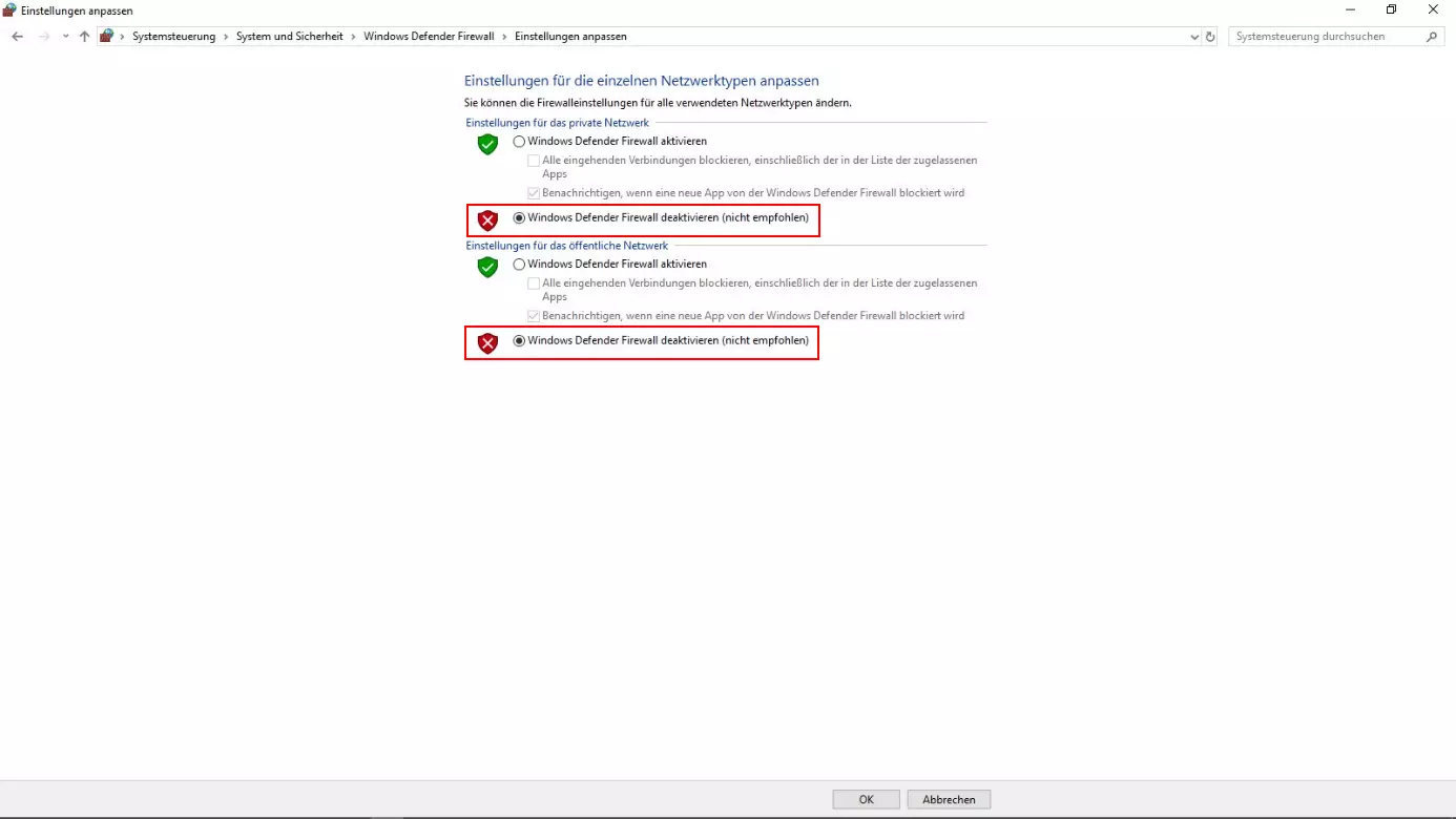 Option zum Windows-Firewall-Deaktivieren