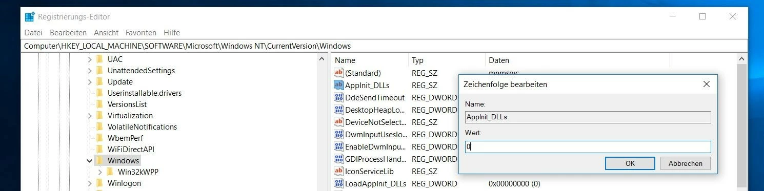 Registrierungs-Editor: Wert-Zuweisung für den Eintrag „AppInit_DLLs“