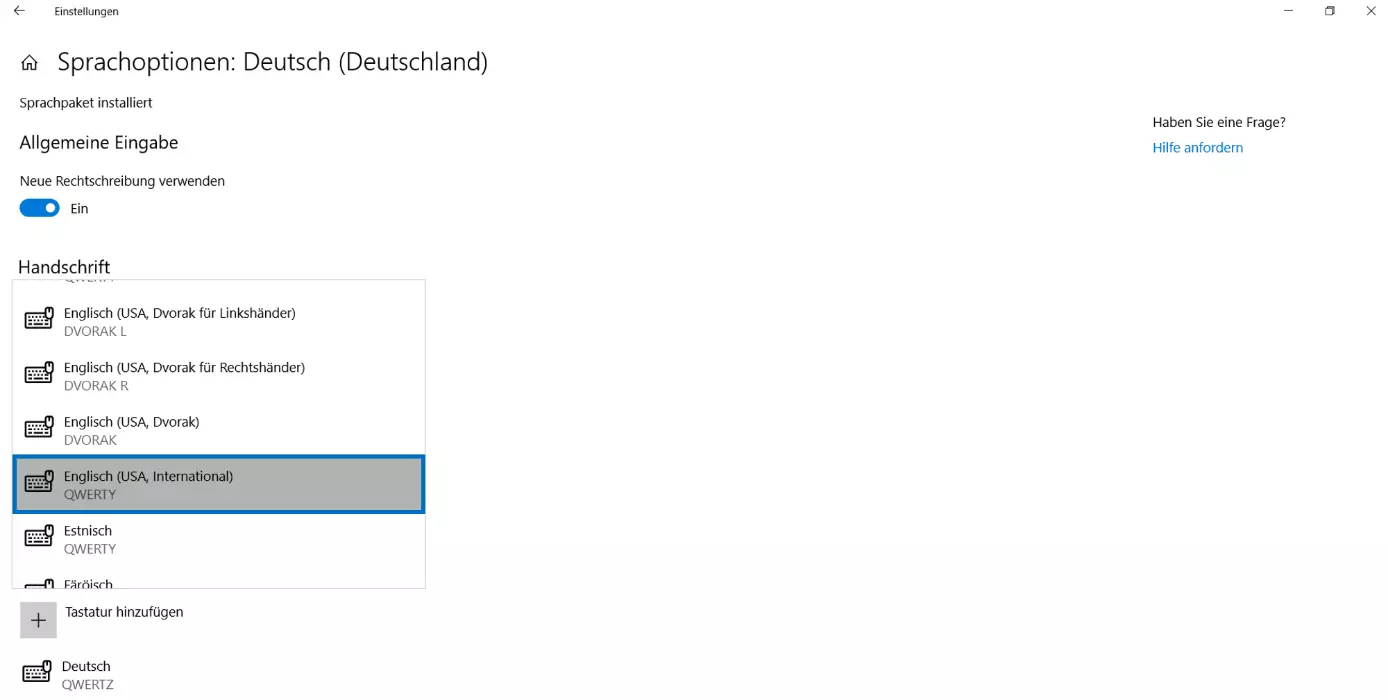 Tastaturoptionen in Windows 10