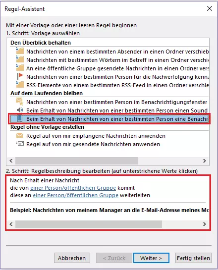 Outlook Regel-Assistent: Auswahl der Regelvorlage