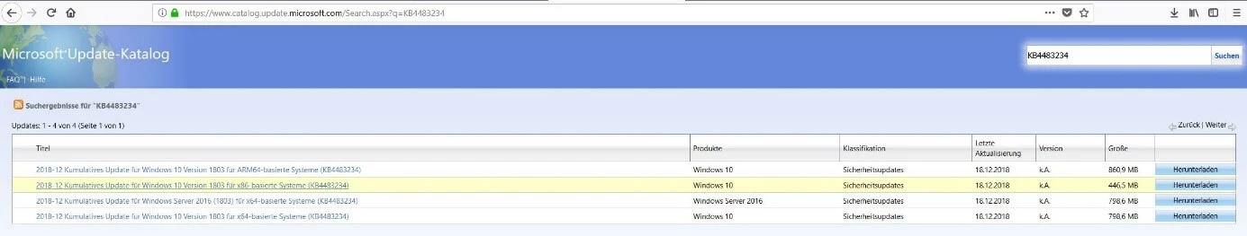 Suchergebnisse im Microsoft Update-Katalog
