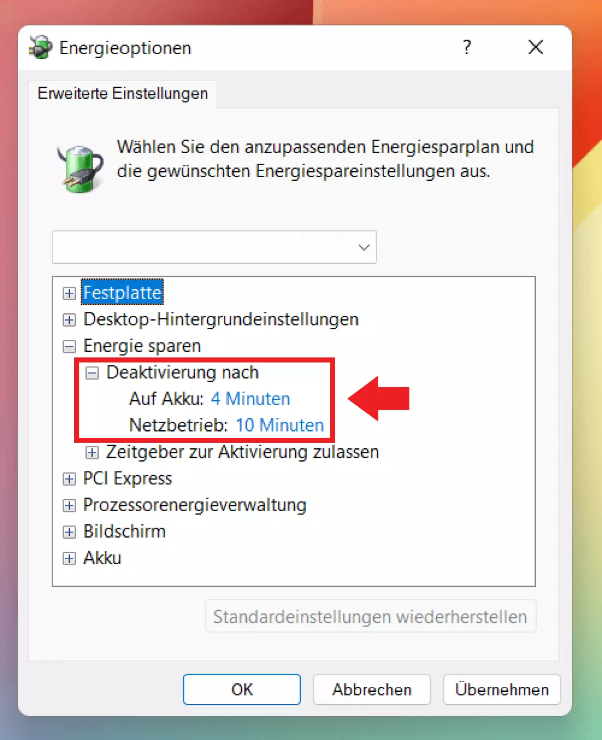 Das Windows-Menü für die erweiterten Energieeinstellungen