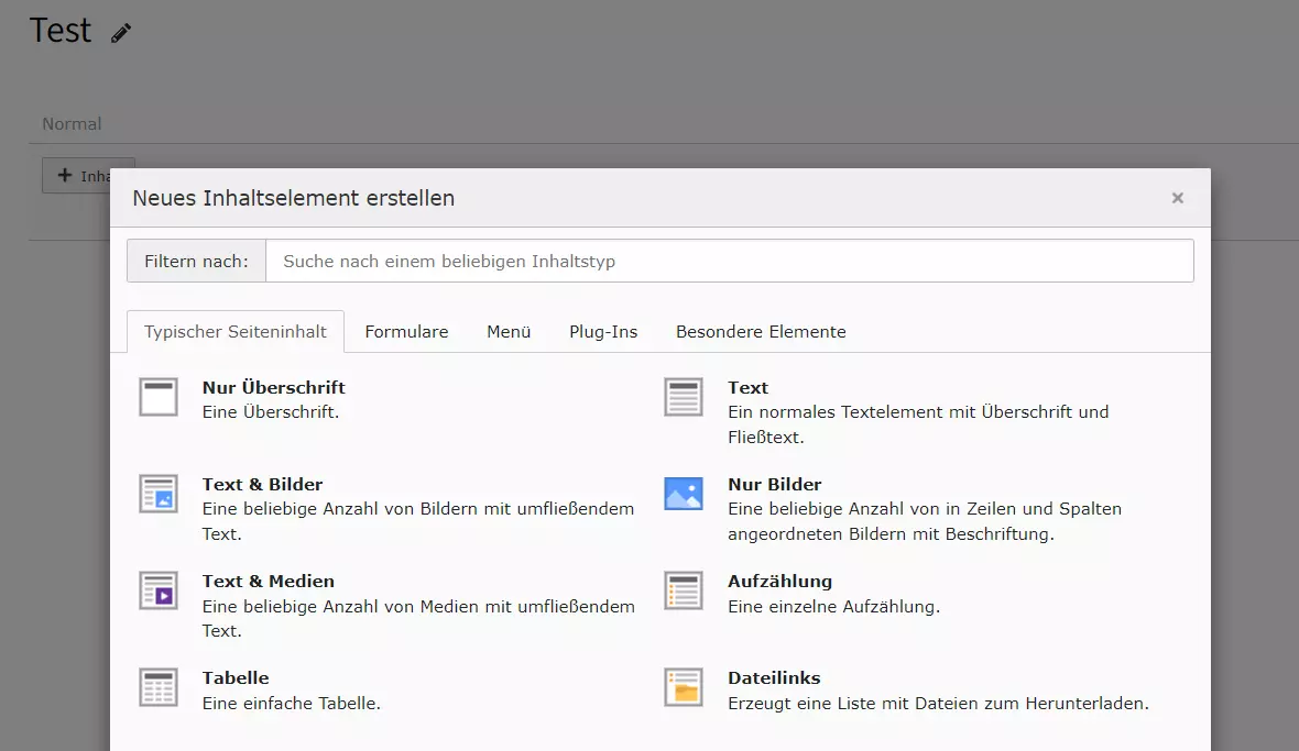 Inhalte hinzufügen in TYPO3