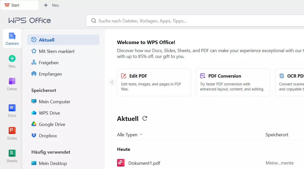 Startmenü von WPS Office