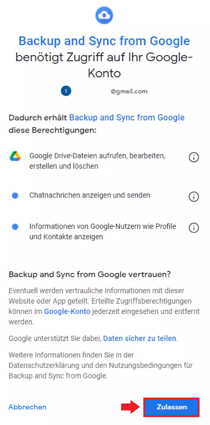 Gestatten Sie dem Synchronisierungs-Assistenten Zugriff auf Ihren Google-Account mit einem Klick auf „Zulassen“