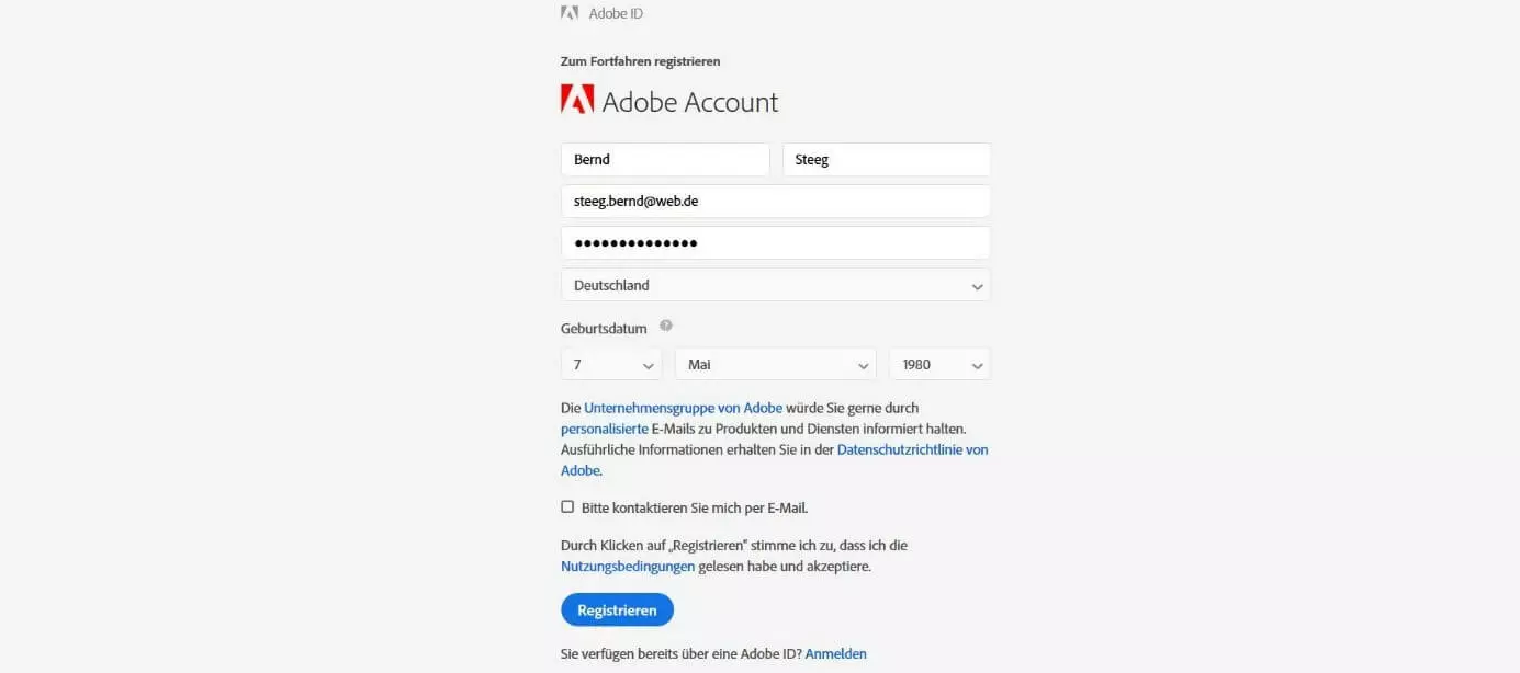 Erstellung der Adobe-ID