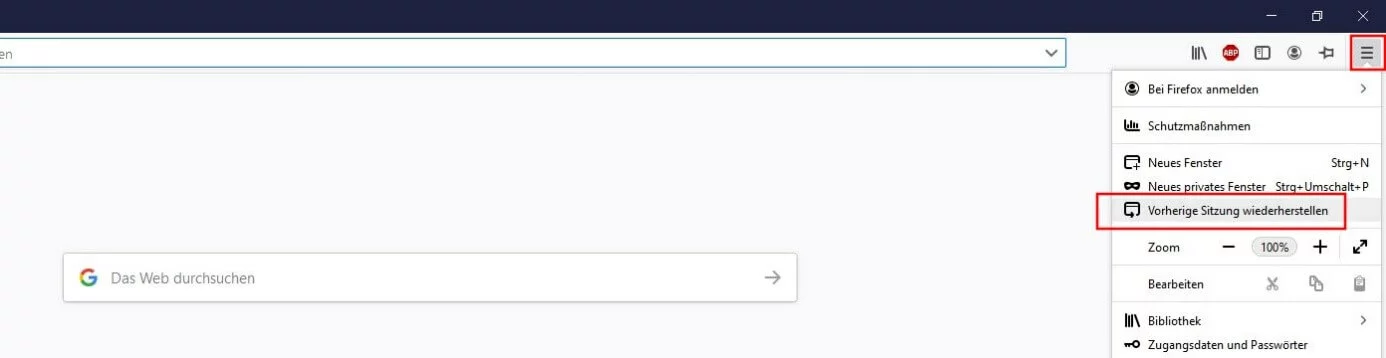 Firefox-Menü: „Vorherige Sitzung wiederherstellen“-Schaltfläche