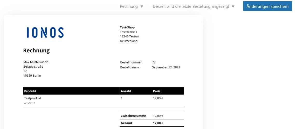 Beispiel-Rechnung im WooCommerce-Backend