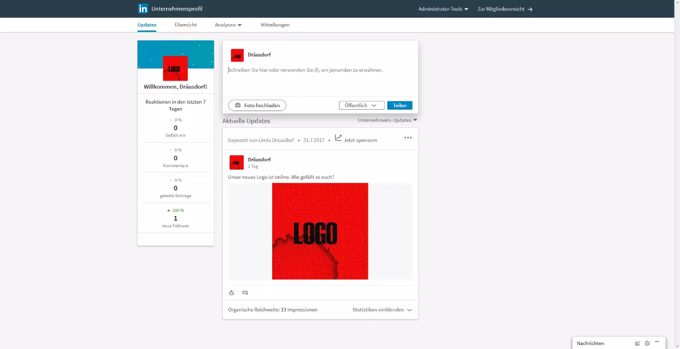 Updates-Bereich des Unternehmensprofils bei LinkedIn
