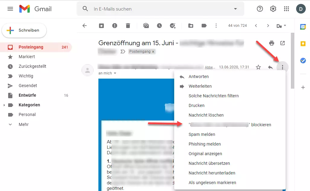 Gmail: Drei-Punkte-Menü im Posteingang