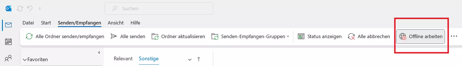 Die ausgewählte Funktion von Outlook-Offline-Modus