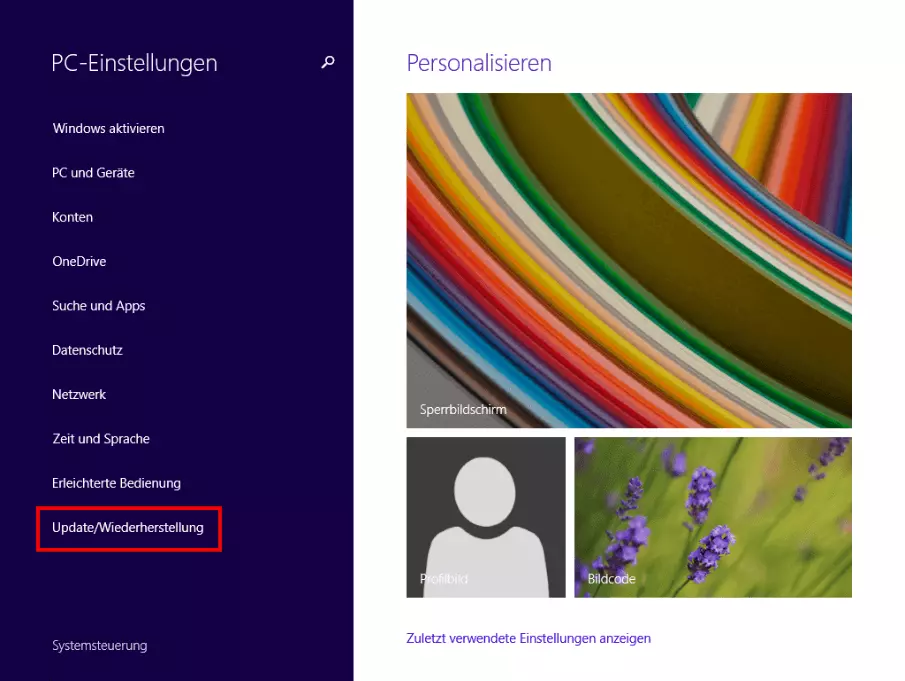 PC-Einstellungen von Windows 8 mit dem Menüpunkt „Update/Wiederherstellung