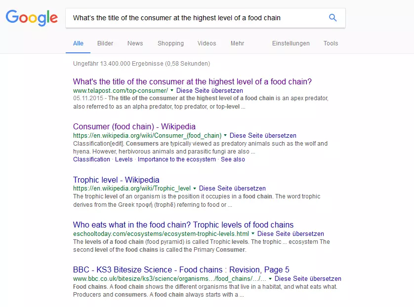 Google-Suchergebnisseite für die Suchphrase „What’s the title of the consumer at the highest level of a food chain“