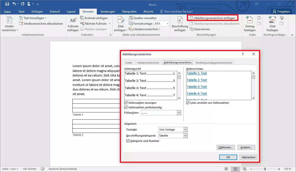 Tabellenverzeichnis in Word erstellen