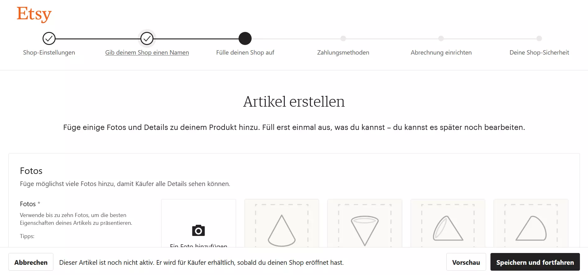 Screenshot der Artikelerstellung eines Etsy-Shops