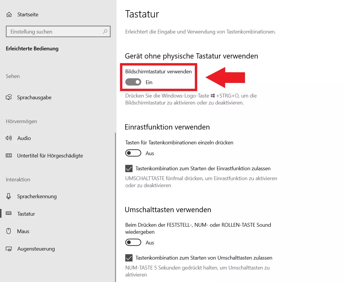 Aktivieren Sie die Bildschirmtastatur, indem Sie auf die Umschaltfläche unter „Gerät ohne physische Tastatur verwenden“ klicken