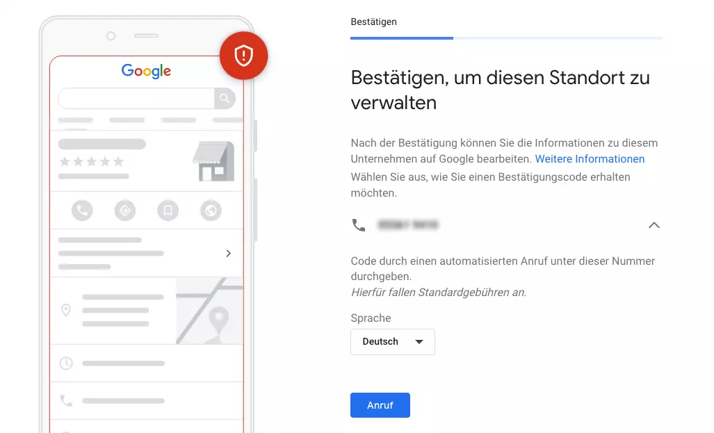 Bei Google My Business anmelden: Standort bestätigen