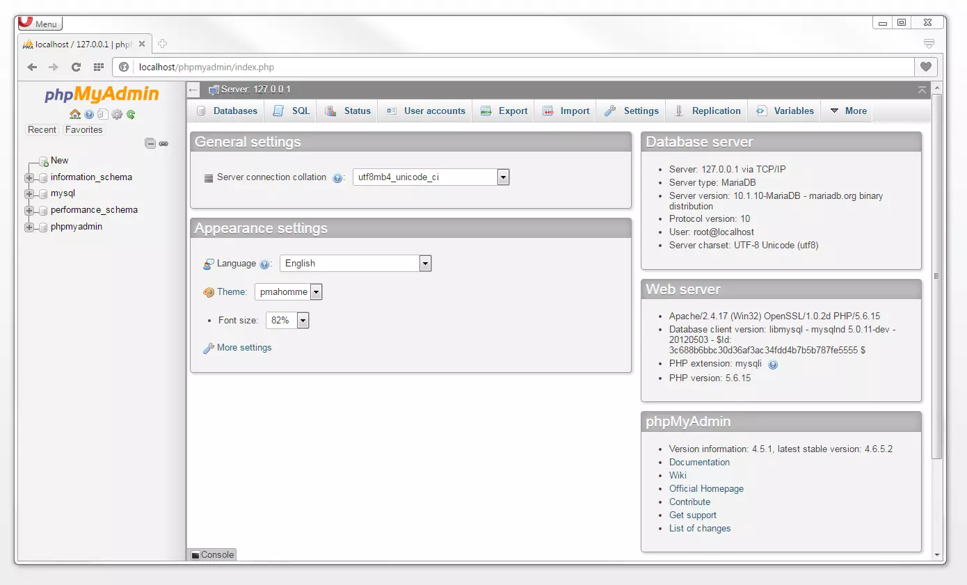 Startseite der MySQL-Administrationssoftware phpMyAdmin