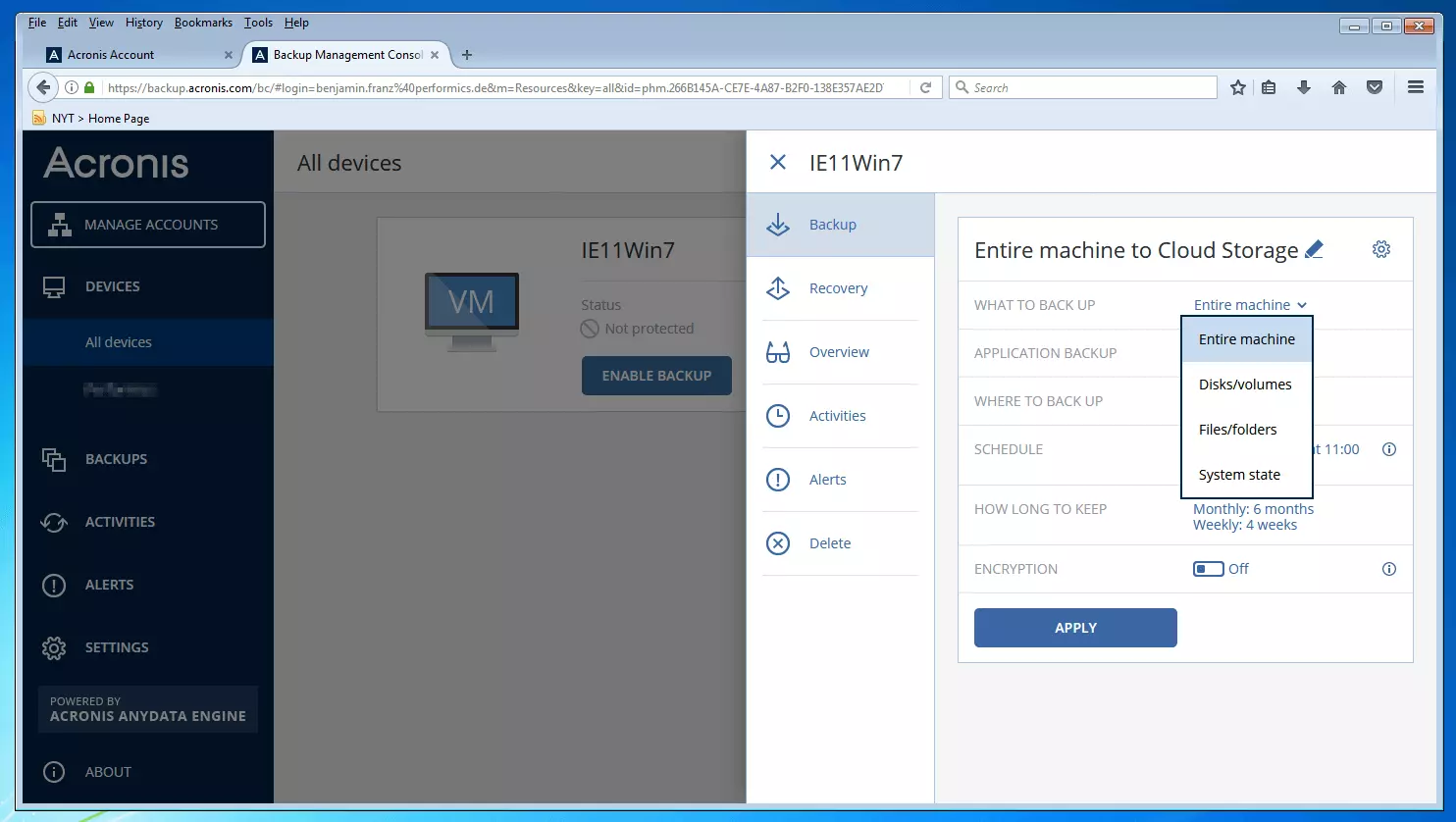 Die Backup-Management-Konsole von Acronis Backup 12.5: Dropdown-Menü zur Auswahl der Datenquelle