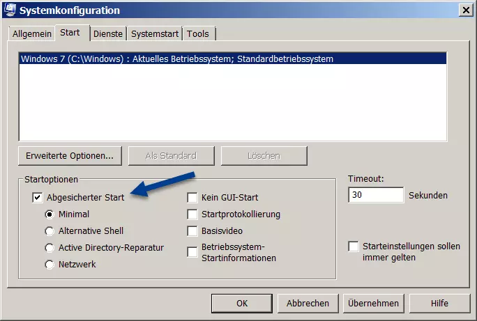 Windows 7 im abgesicherten Modus starten mithilfe der Systemkonfiguration