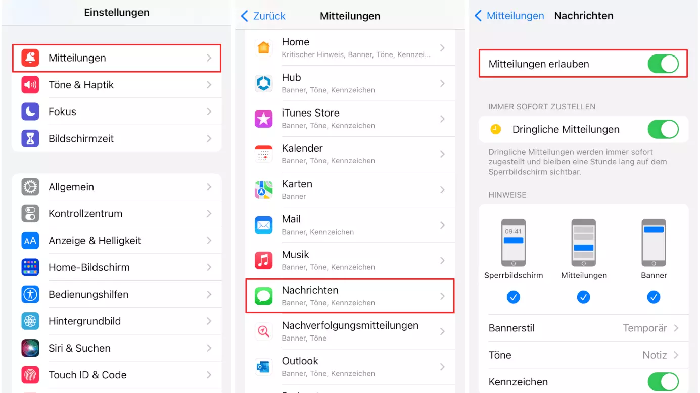 Ansicht der App-Einstellungen für Benachrichtigungen bei Apple