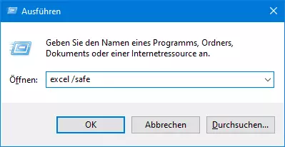 Fenster, über das man Excel im abgesicherten Modus startet