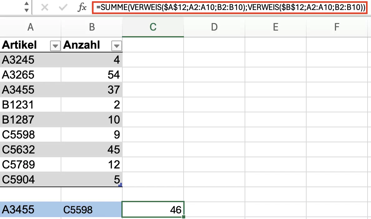 VERWEIS in Excel: Kombination mit SUMME