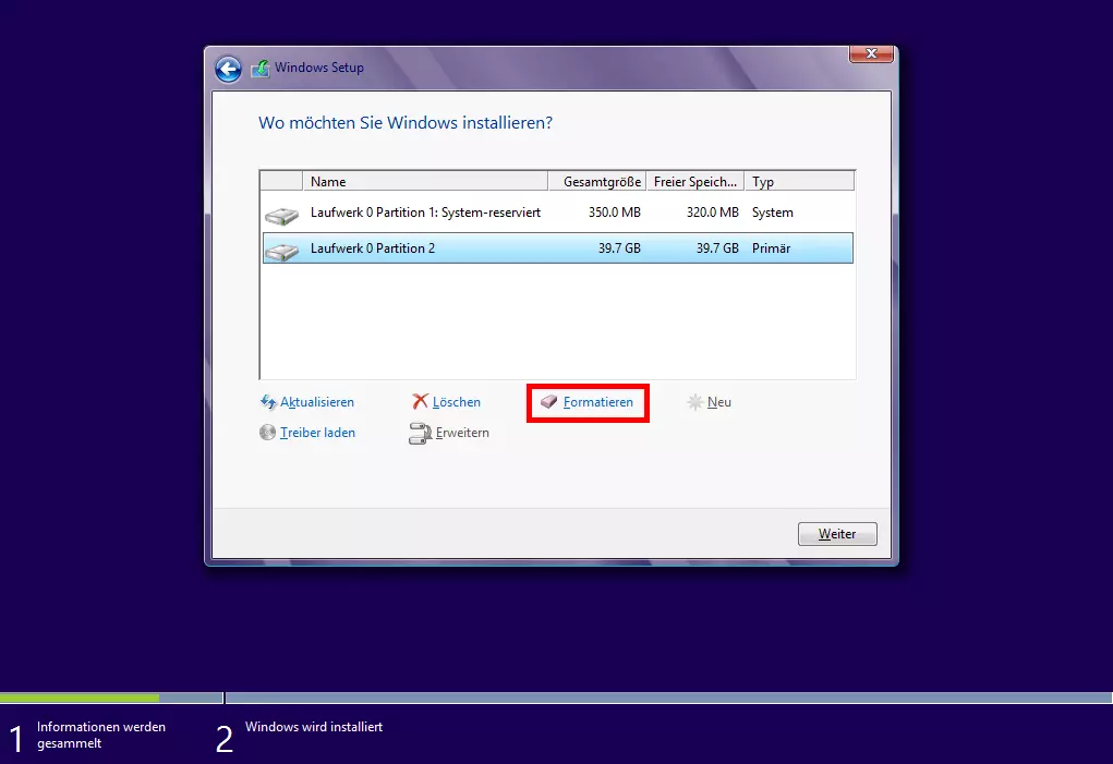 Formatierung primäre Partition