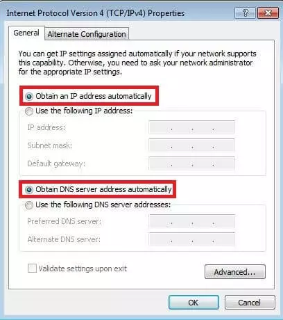 Optionsmenü des Internetprotokolls (TCP/IPv4) unter Windows 7