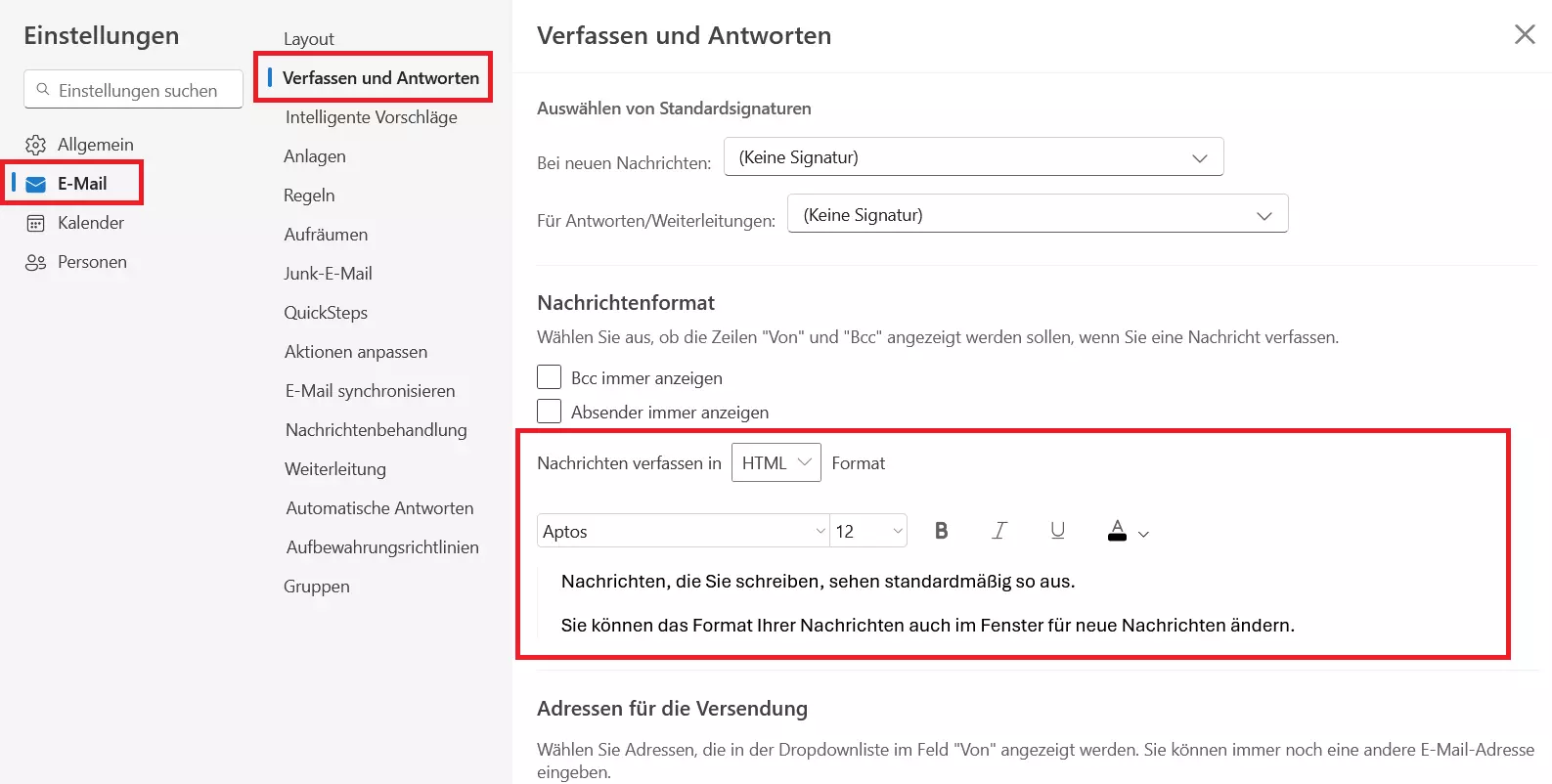 Outlook-Webversion-Standardschrift einstellen