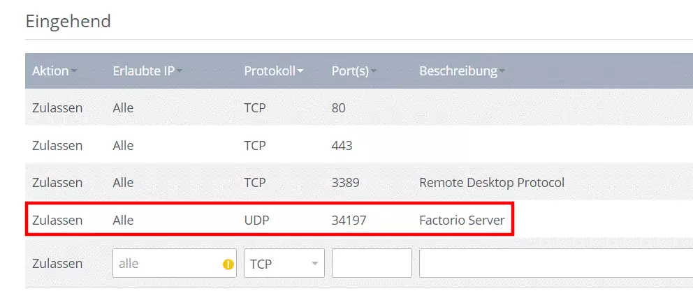 Port für Factorio-Server freigeben im IONOS Cloud Panel