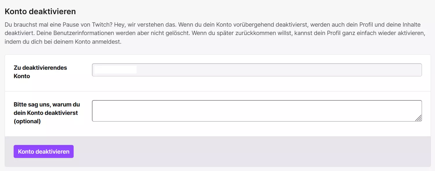 Dialog, um Twitch-Account zu deaktivieren