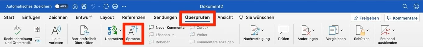 Word-Menü „Überprüfen“ mit der Option „Sprache“