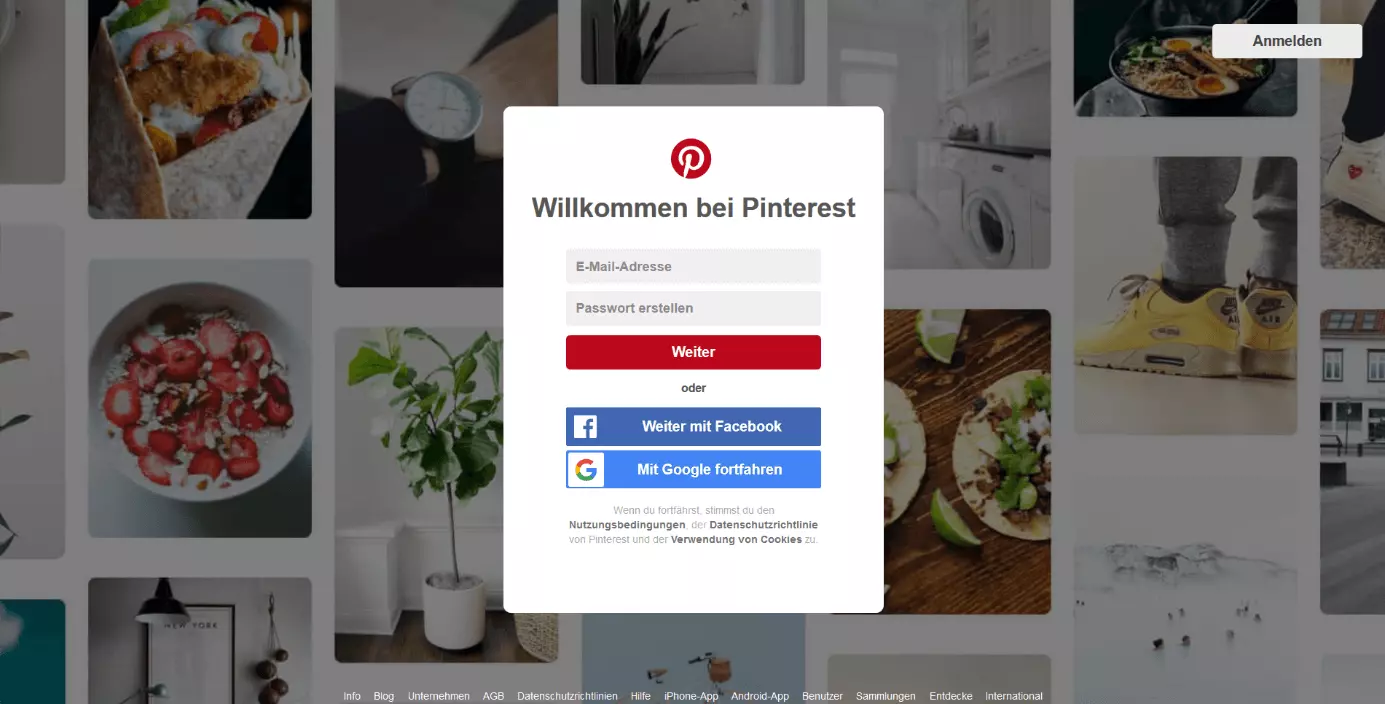 Startseite der Pinterest-Website