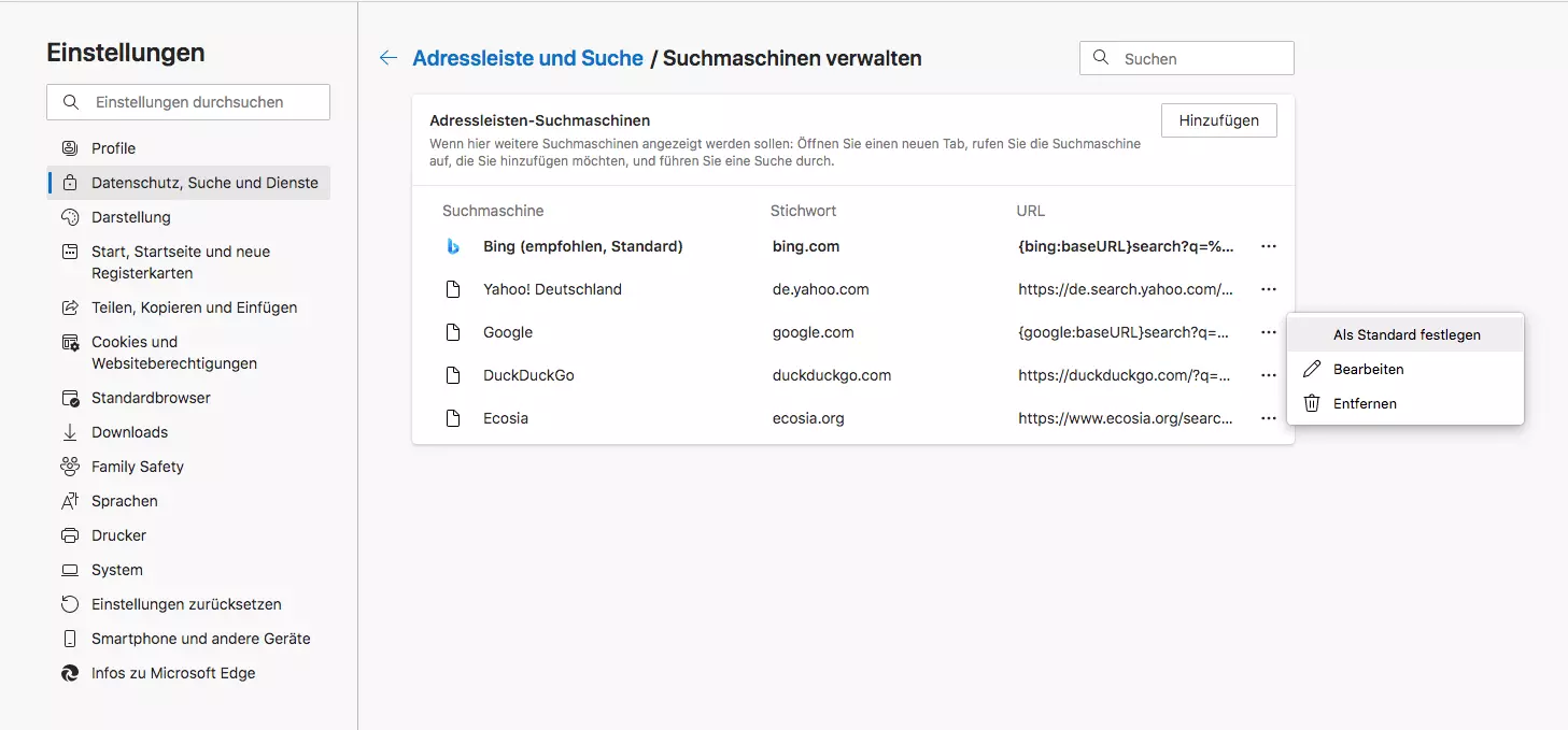 Datenschutz, Suche und Dienste bei Edge