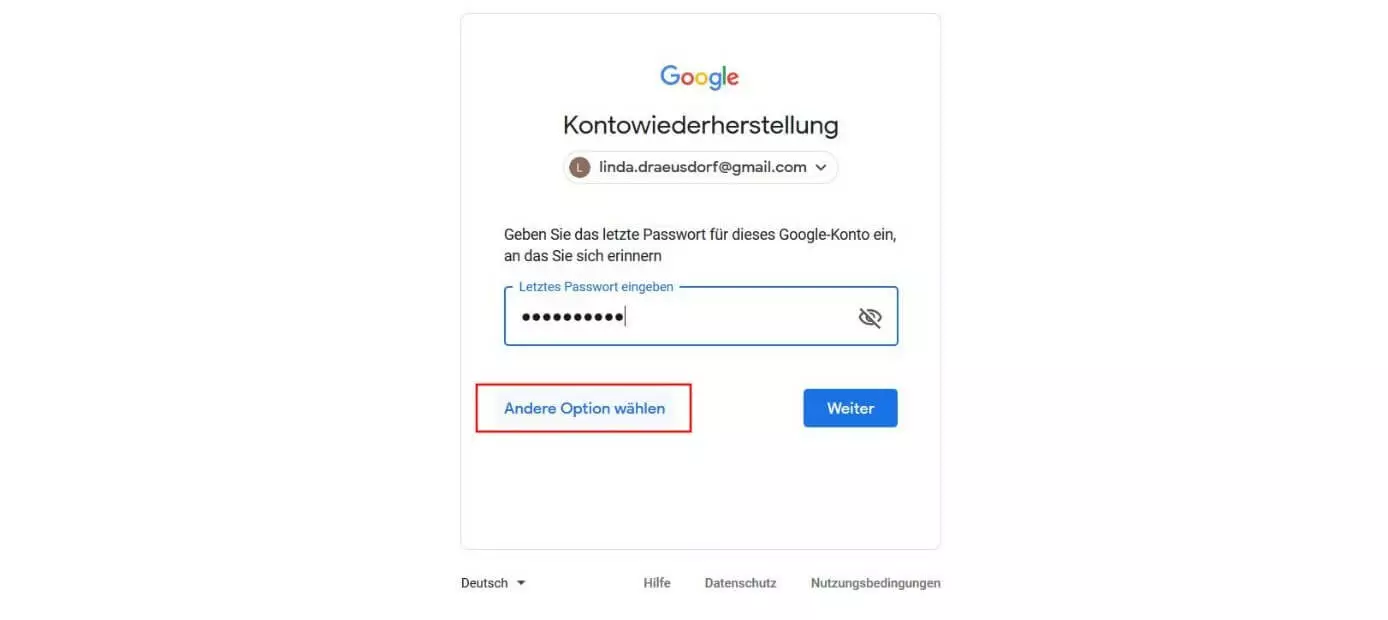 Fenster, in dem sie „Andere Option“ wählen können