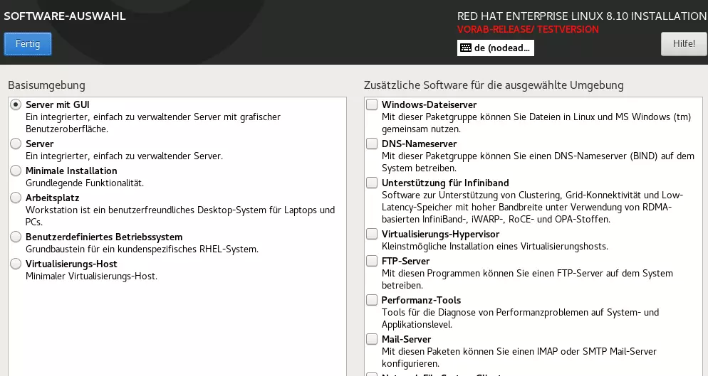 Screenshot der Software-Auswahl von RHEL 8