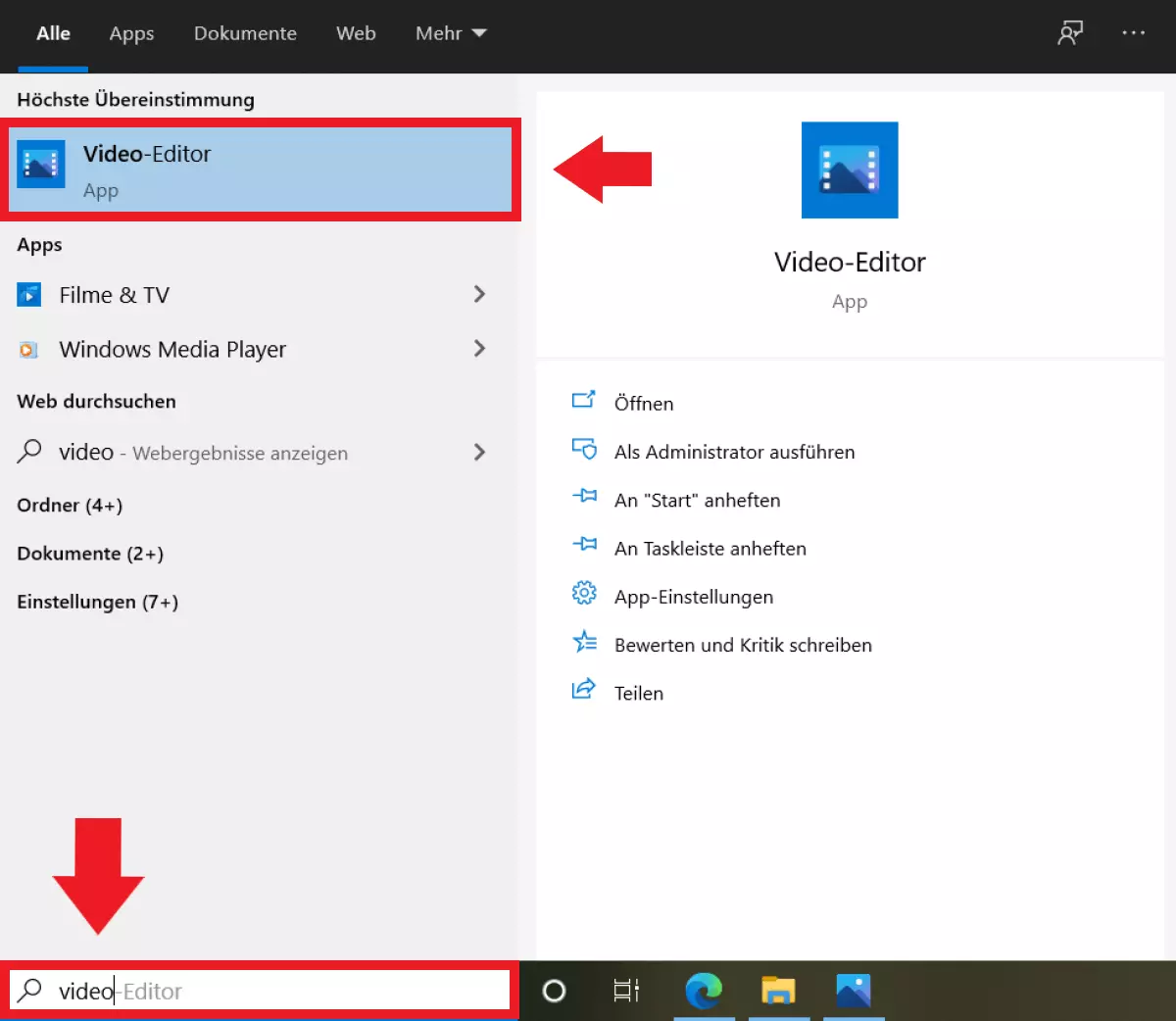 Geben Sie „Video Editor“ in die Windows Suchleiste ein