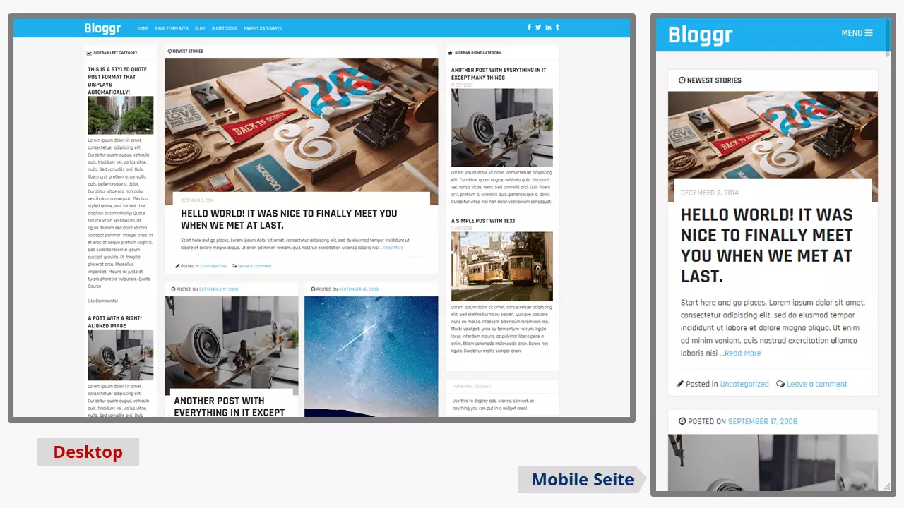 Screenshot vom Desktop und von der mobilen Seite des WordPress-Blog-Themes Bloggr