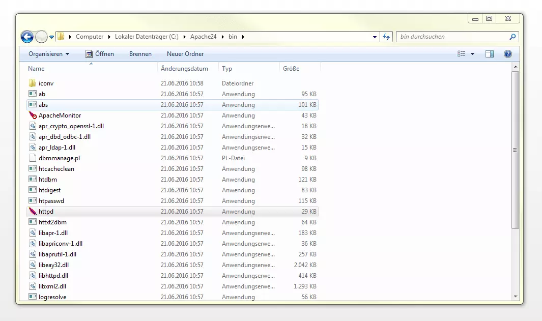 Dateiordner bin mit der Anwendung httpd