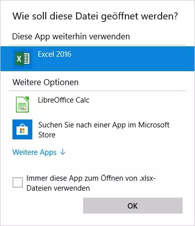 Auswahl der App zum Öffnen von Excel-Dateien 